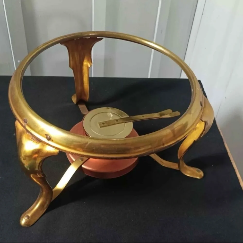 Vtg Copper & Brass Chafing Dish / Fondue Set w/ Burner, Lid & Handle  Tableware